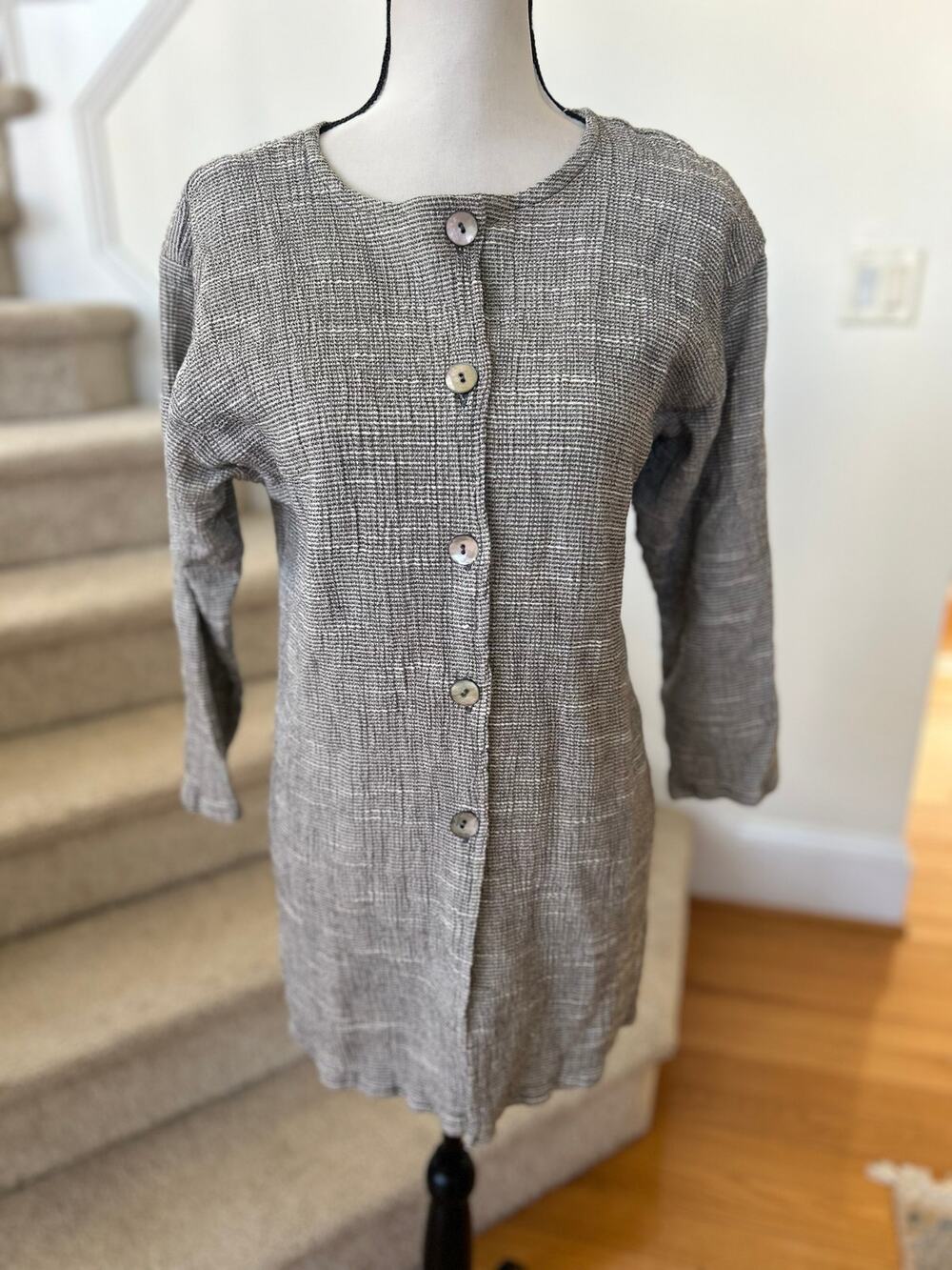 Carol Turner Collection Grey Crinkle Linen Blend Shell Button Cardigan